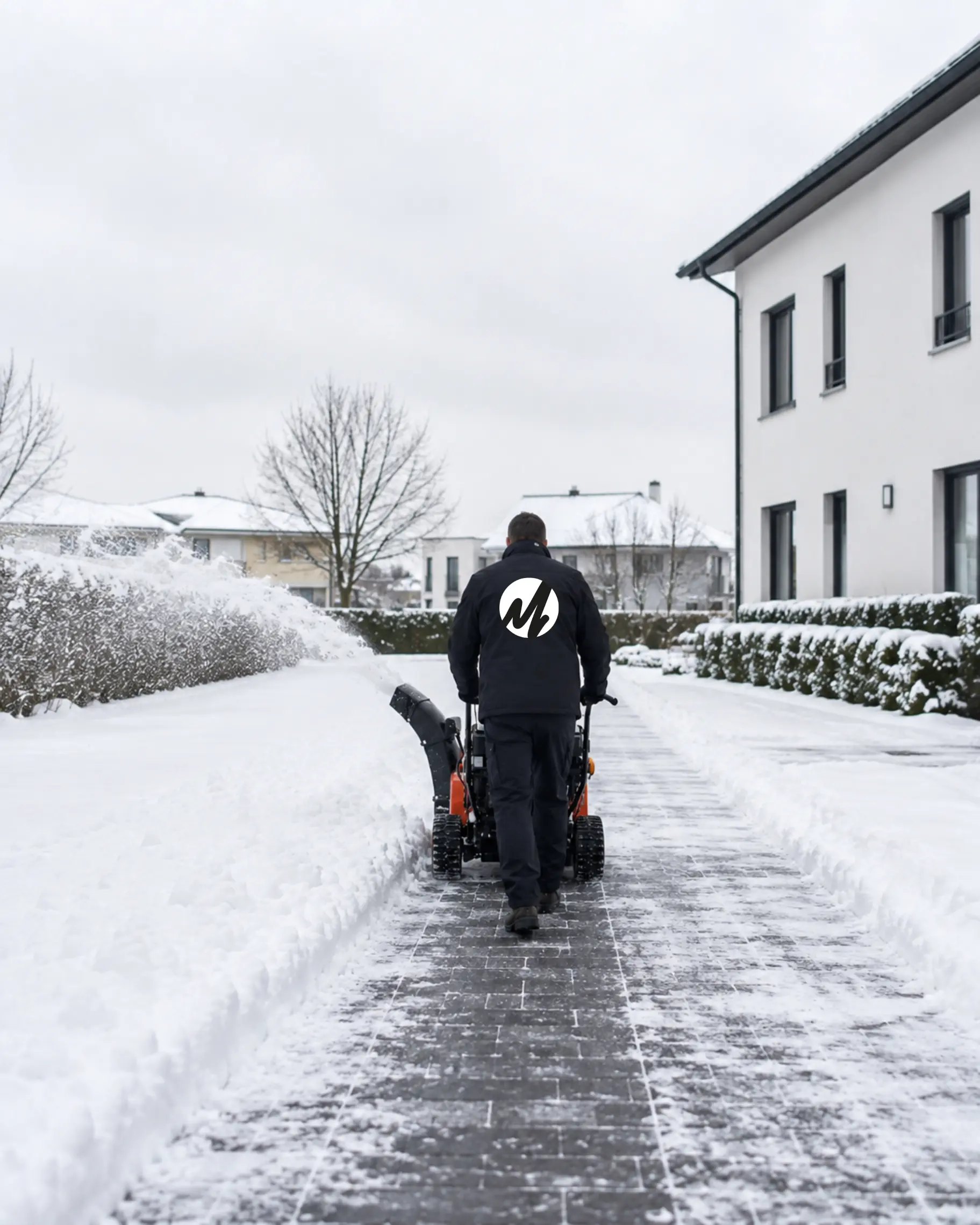 Mitarbeiter von RELTRO räumt mit einer Schneefräse den Zuweg eines Wohnhauses in Bodenheim